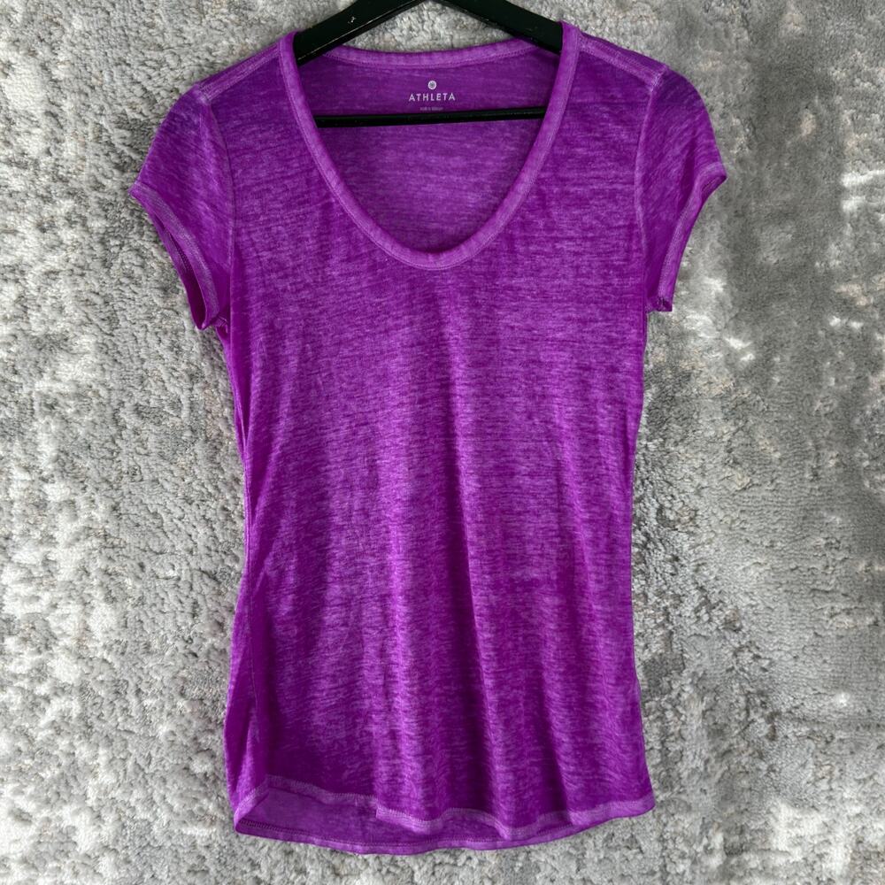 Athleta Sz XXS Minimalist Scoop Neck Athleisure Top Purple Short Sleeve Pullover